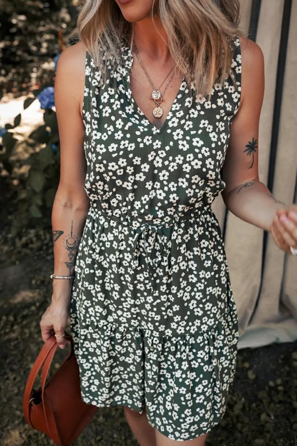 Online Dear-Lover Boho Floral Print V Neck Tunic Sleeveless Dress Green