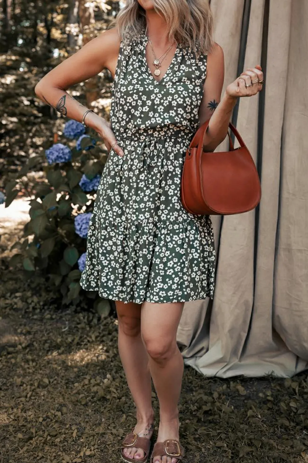Online Dear-Lover Boho Floral Print V Neck Tunic Sleeveless Dress Green