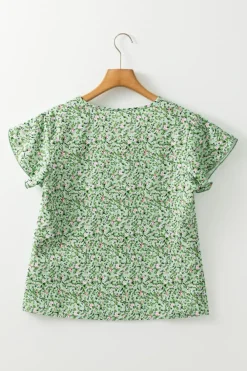 Clearance Dear-Lover Boho Floral V Neck Wrap Short Sleeve Blouse Green