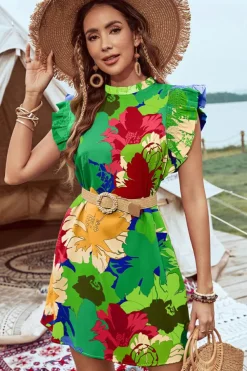 Discount Dear-Lover Bold Floral Flutter Sleeve Shift Mini Dress with Pockets Green