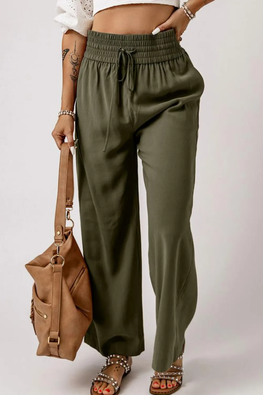Best Dear-Lover Brown Drawstring Elastic Waist Casual Wide Leg Pants Green
