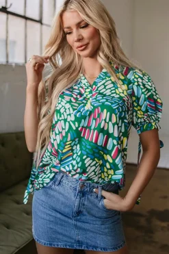 Fashion Dear-Lover Brushwork Geometric Print Puff Sleeve Notched Neck Blouse Green
