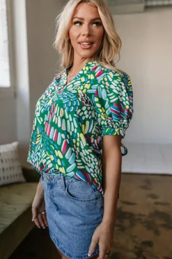 Fashion Dear-Lover Brushwork Geometric Print Puff Sleeve Notched Neck Blouse Green