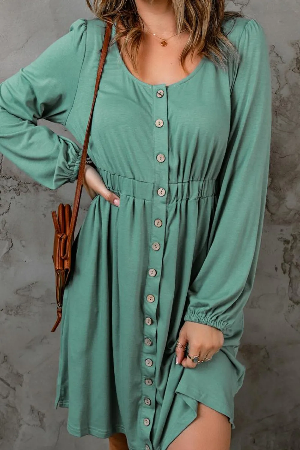 Best Dear-Lover Button Up High Waist Long Sleeve Dress Green