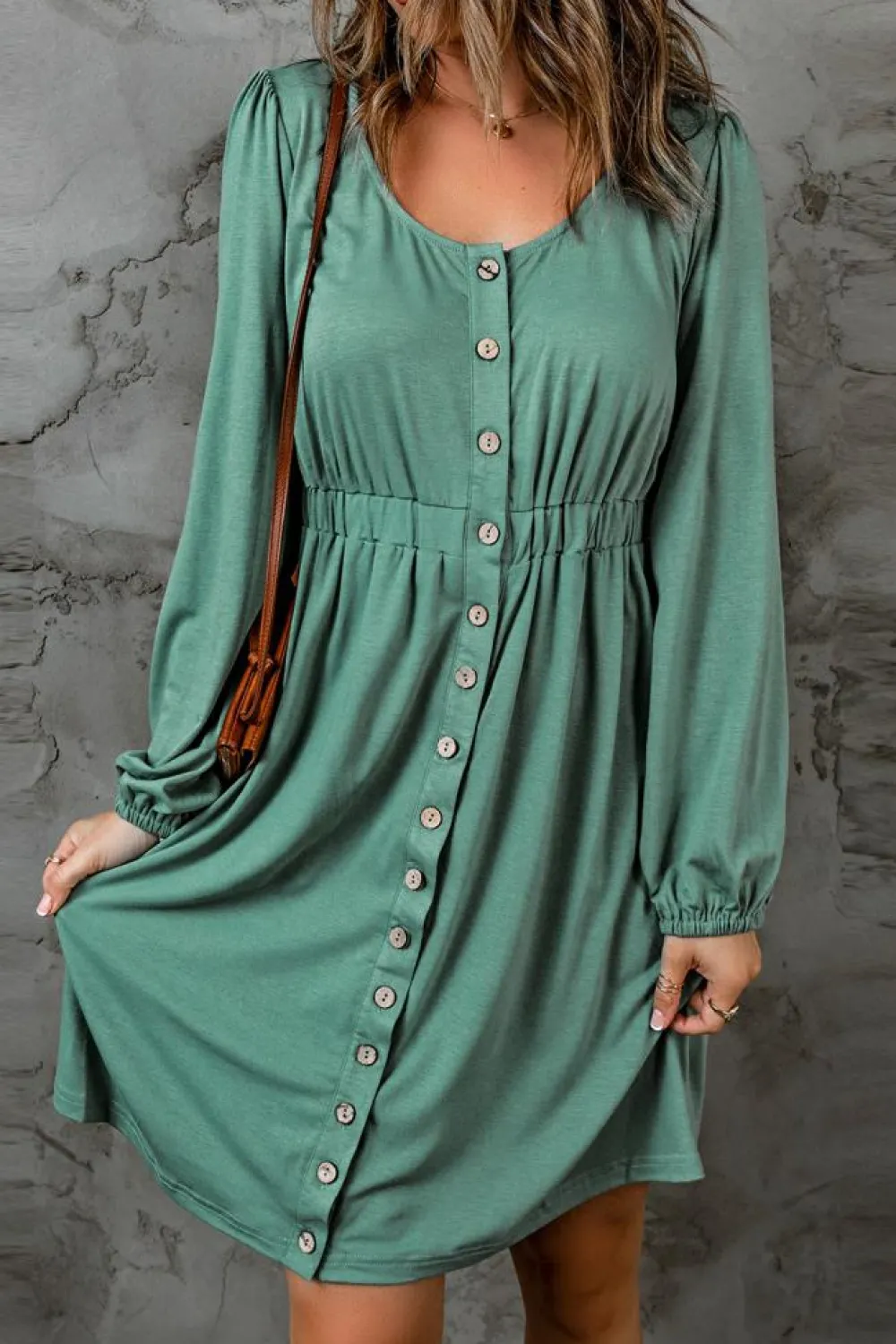Best Dear-Lover Button Up High Waist Long Sleeve Dress Green