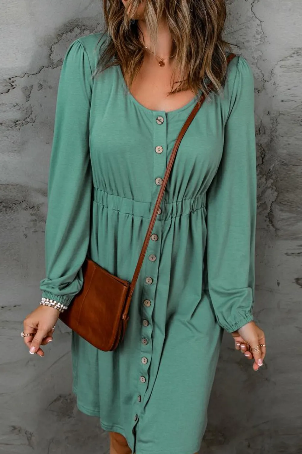 Best Dear-Lover Button Up High Waist Long Sleeve Dress Green