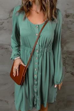 Best Dear-Lover Button Up High Waist Long Sleeve Dress Green