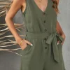 Discount Dear-Lover Button V Neck Romper with Belt Green