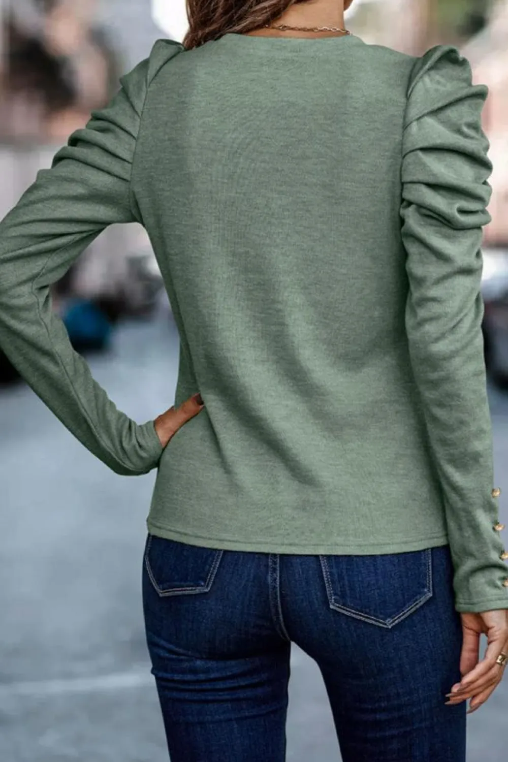 Discount Dear-Lover Buttoned Puff Long Sleeve Sheath Top Green