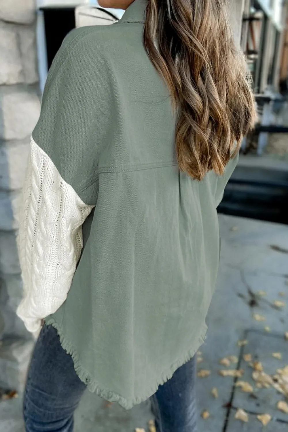 Hot Dear-Lover Cable Knit Sleeve Raw Hem Shacket Green