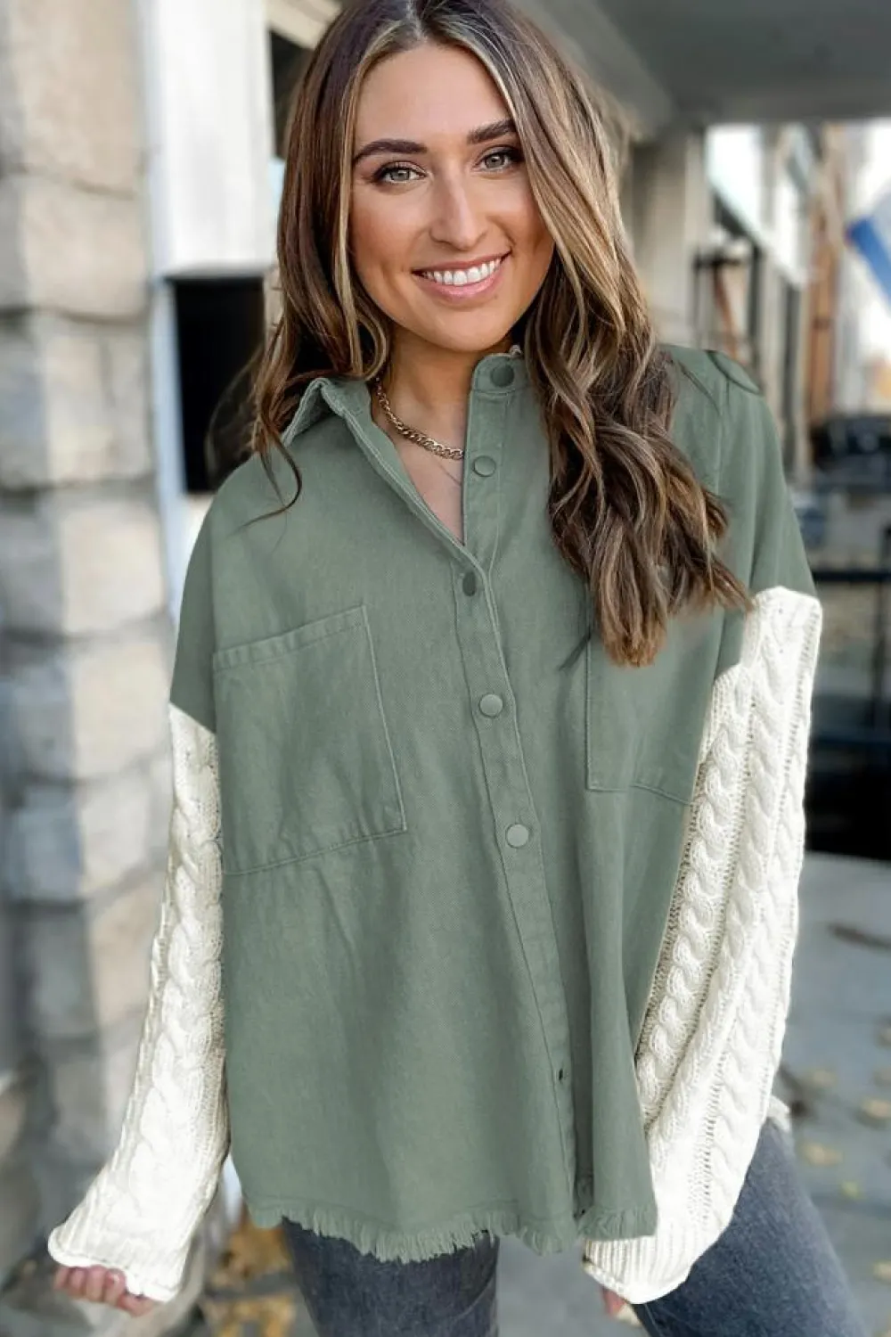 Hot Dear-Lover Cable Knit Sleeve Raw Hem Shacket Green