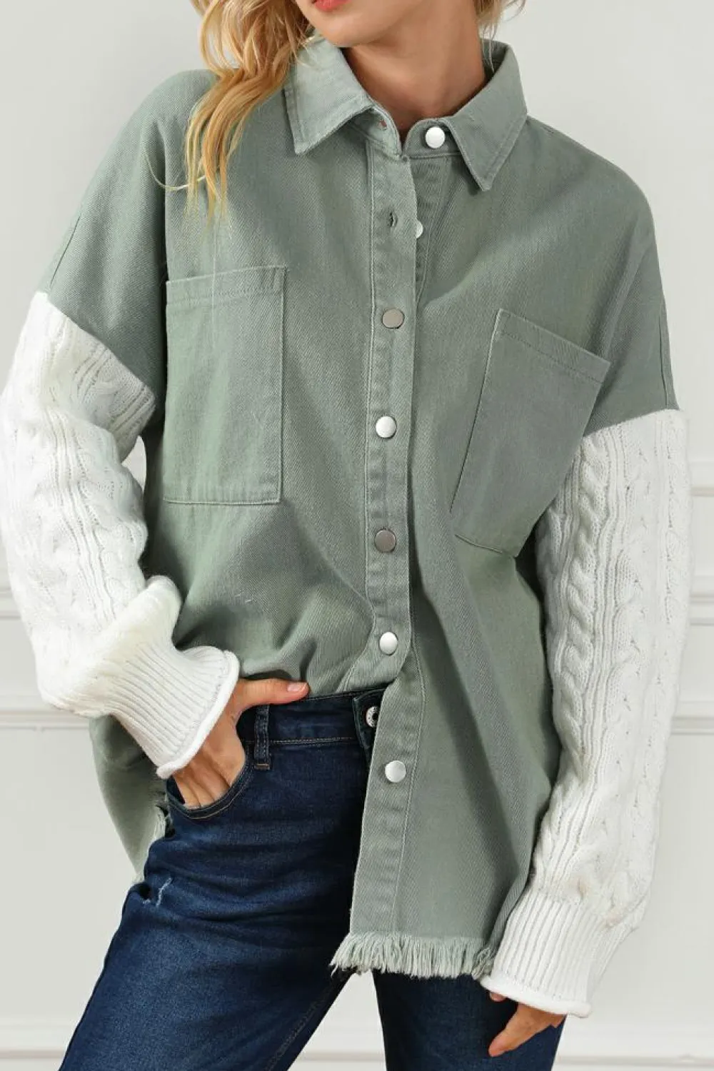 Hot Dear-Lover Cable Knit Sleeve Raw Hem Shacket Green