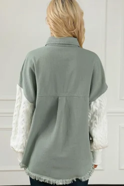 Hot Dear-Lover Cable Knit Sleeve Raw Hem Shacket Green