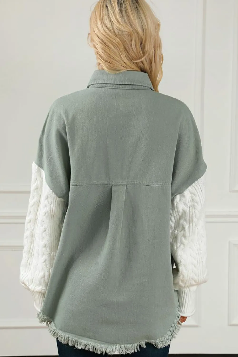 Hot Dear-Lover Cable Knit Sleeve Raw Hem Shacket Green