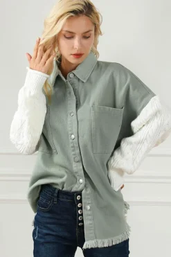 Hot Dear-Lover Cable Knit Sleeve Raw Hem Shacket Green