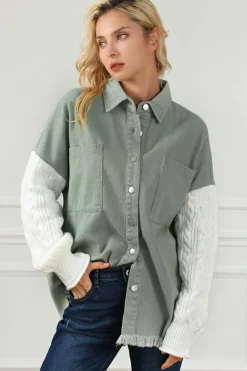 Hot Dear-Lover Cable Knit Sleeve Raw Hem Shacket Green