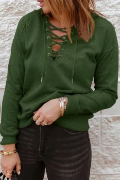Fashion Dear-Lover Casual Solid Color Lace-up Hoodie Green