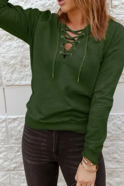 Fashion Dear-Lover Casual Solid Color Lace-up Hoodie Green