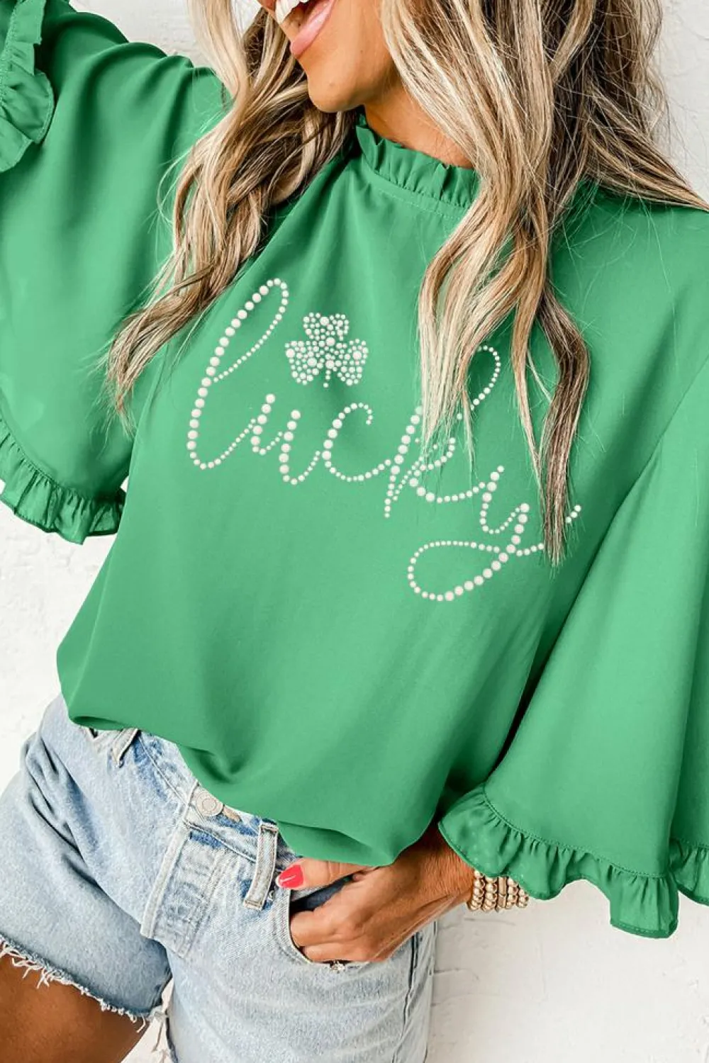 Online Dear-Lover Ceramic Rhinstone lucky Clover Graphic Frilled Bell Sleeve Blouse Green