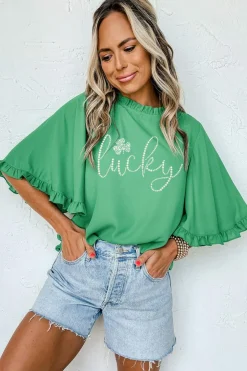 Online Dear-Lover Ceramic Rhinstone lucky Clover Graphic Frilled Bell Sleeve Blouse Green
