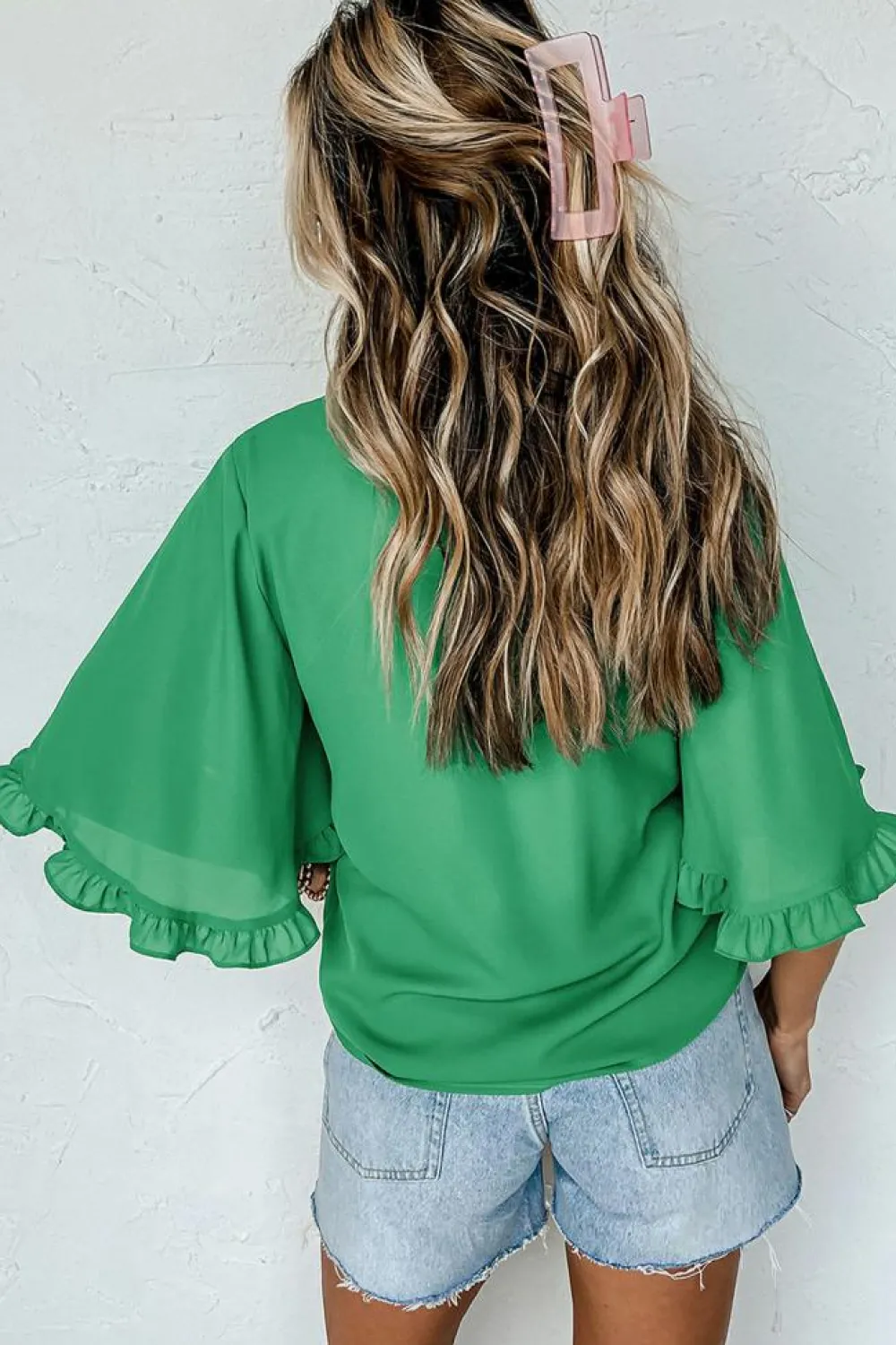 Online Dear-Lover Ceramic Rhinstone lucky Clover Graphic Frilled Bell Sleeve Blouse Green