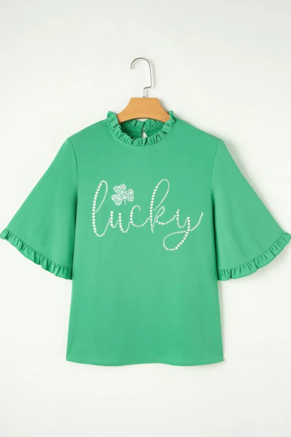 Online Dear-Lover Ceramic Rhinstone lucky Clover Graphic Frilled Bell Sleeve Blouse Green