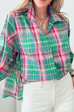 Sale Dear-Lover Checkered 3/4 Sleeve Collared Loose Fit Shirt Green