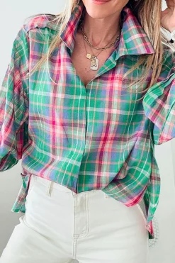Sale Dear-Lover Checkered 3/4 Sleeve Collared Loose Fit Shirt Green