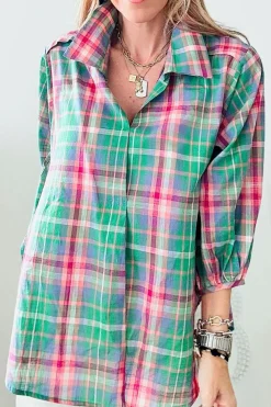 Sale Dear-Lover Checkered 3/4 Sleeve Collared Loose Fit Shirt Green