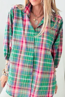 Sale Dear-Lover Checkered 3/4 Sleeve Collared Loose Fit Shirt Green