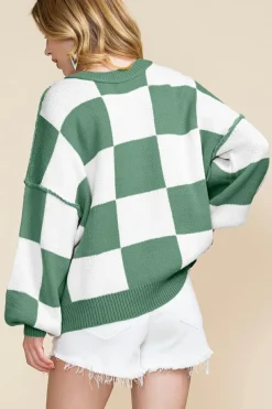 Best Dear-Lover Checkered Bishop Sleeve Sweater green