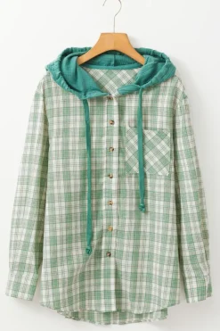 Online Dear-Lover Checkered Print Loose Fit Buttoned Hooded Shacket Green