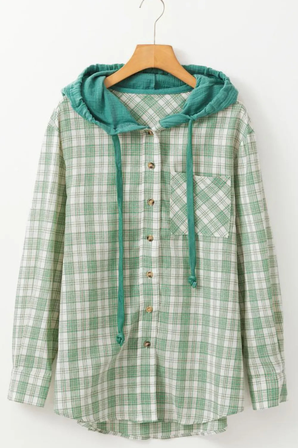 Online Dear-Lover Checkered Print Loose Fit Buttoned Hooded Shacket Green