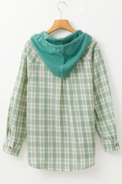 Online Dear-Lover Checkered Print Loose Fit Buttoned Hooded Shacket Green