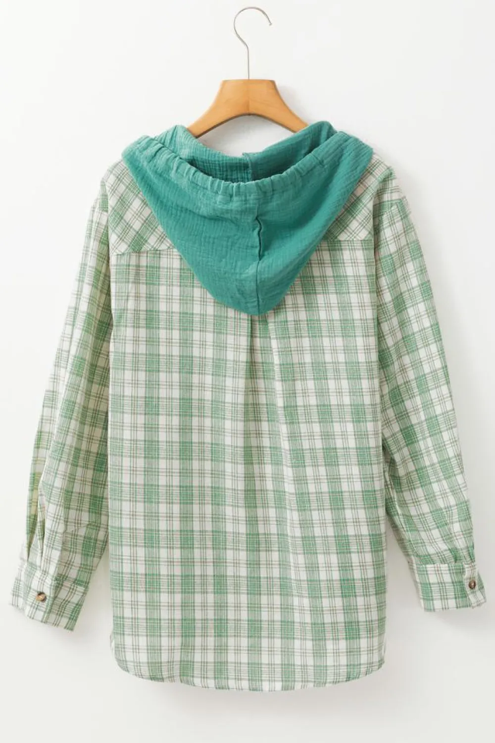 Online Dear-Lover Checkered Print Loose Fit Buttoned Hooded Shacket Green