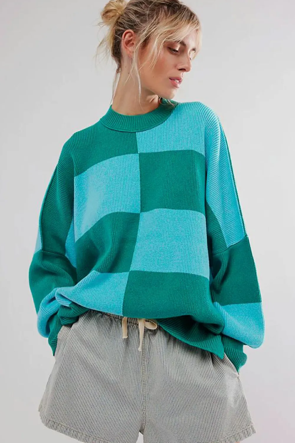 Sale Dear-Lover Checkered Side Slits Drop Shoulder Oversized Sweater Green