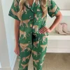 Outlet Dear-Lover Cheetah Print Short Sleeve Shirt and Pants Pajama Set Green