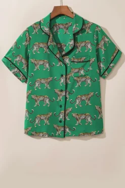 Outlet Dear-Lover Cheetah Print Short Sleeve Shirt and Pants Pajama Set Green