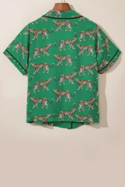 Outlet Dear-Lover Cheetah Print Short Sleeve Shirt and Pants Pajama Set Green
