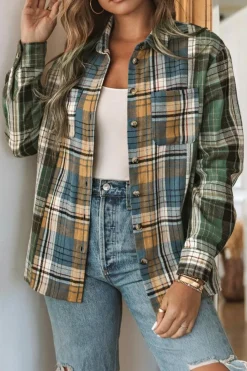 Discount Dear-Lover Chest Pockets Button Up Plaid Shacket Green