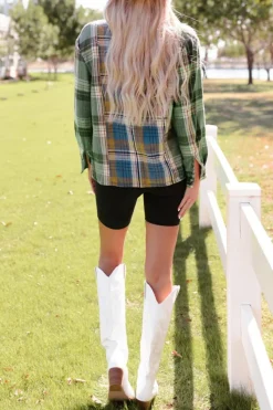 Discount Dear-Lover Chest Pockets Button Up Plaid Shacket Green