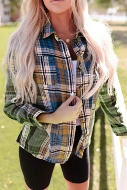 Discount Dear-Lover Chest Pockets Button Up Plaid Shacket Green