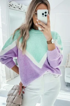 Hot Dear-Lover Chevron Colorblock Ribbed Knit Drop Shoulder Sweater Green