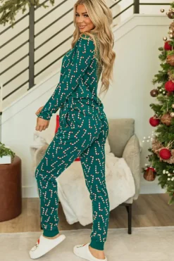 Online Dear-Lover Christmas Candy Cane Printed Top and Pants Lounge Set Green