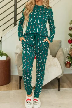 Online Dear-Lover Christmas Candy Cane Printed Top and Pants Lounge Set Green