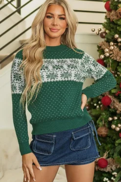 Online Dear-Lover Christmas Snowflake Dotted Print Round Neck Sweater Green