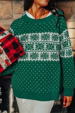 Online Dear-Lover Christmas Snowflake Dotted Print Round Neck Sweater Green