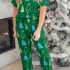 Fashion Dear-Lover Christmas Tree Print V Neck Tee and Pants Lounge Set Green