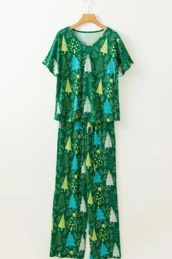Fashion Dear-Lover Christmas Tree Print V Neck Tee and Pants Lounge Set Green