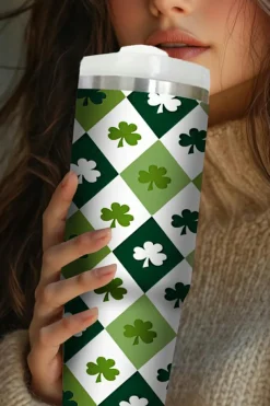 Online Dear-Lover Clover Checkered Print Straw Large Tumbler without Handle 40oz Green